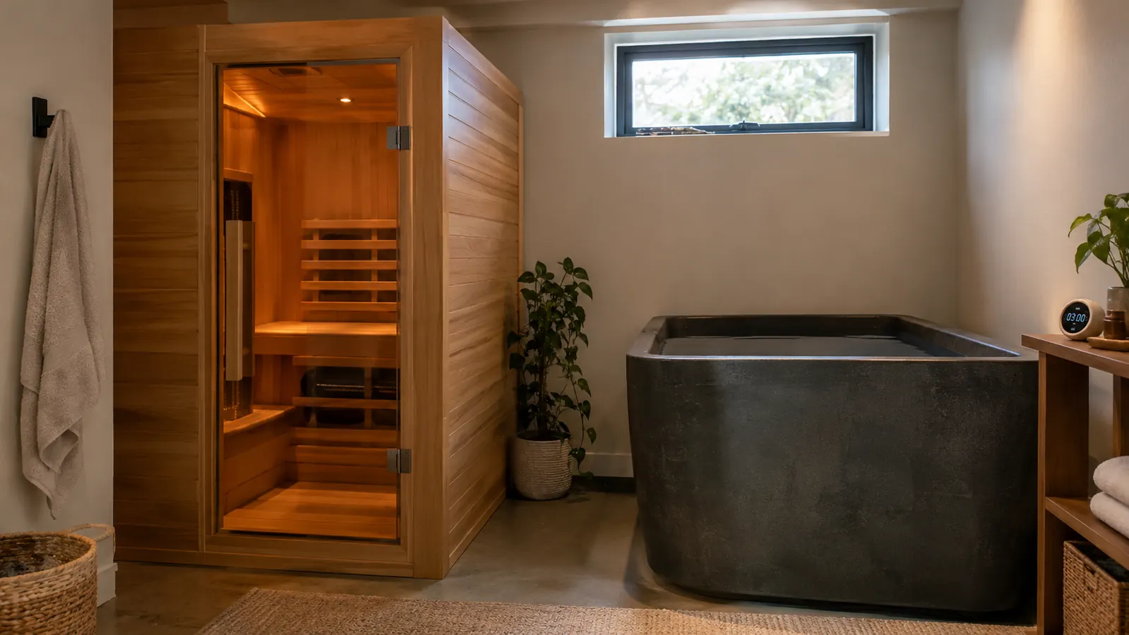 A home sauna and a cold plunge tub set up side by side in a basement corner