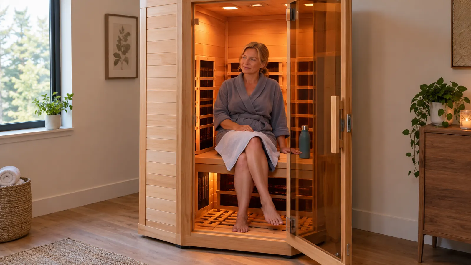 A woman in her fifties seated inside a one-person infrared sauna with the door open and a towel on her lap