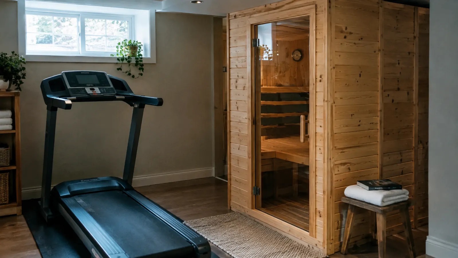 A treadmill and a small pine sauna sharing a finished basement corner