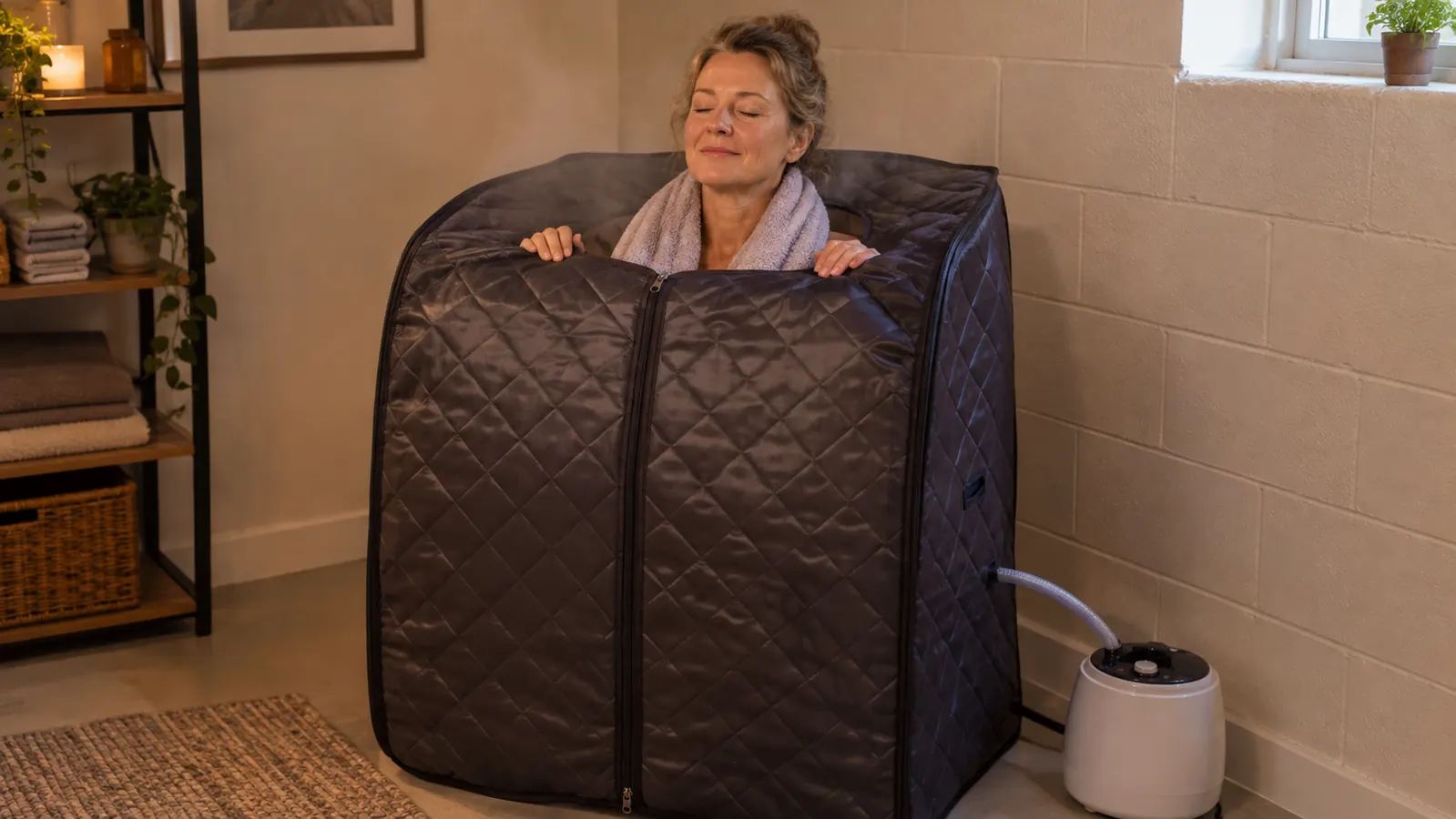 A woman in her fifties sitting inside a portable steam sauna tent with her head and shoulders visible above the open top, looking relaxed