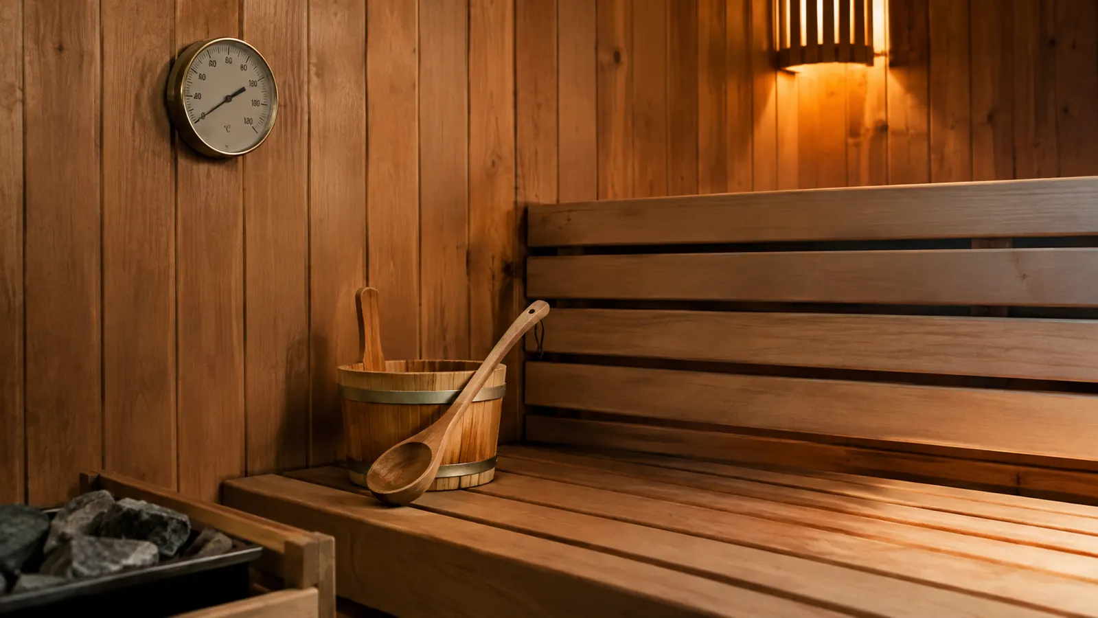 A wooden sauna room with a thermometer gauge on the wall, a water bucket and wooden ladle on the bench.