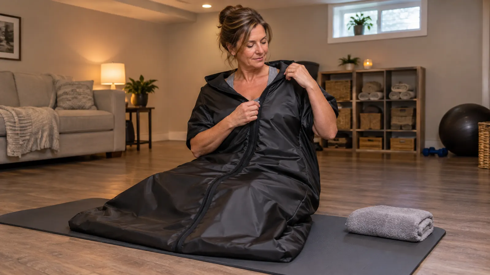 a woman in her fifties zipping herself into an infrared sauna blanket on a floor mat in a basement