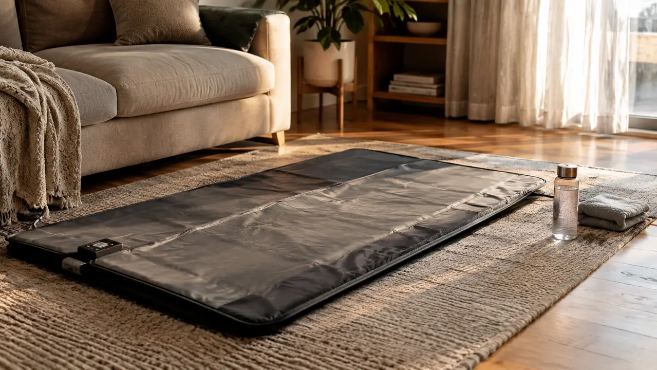 an infrared sauna blanket laid flat on a rug next to a couch in a small living room