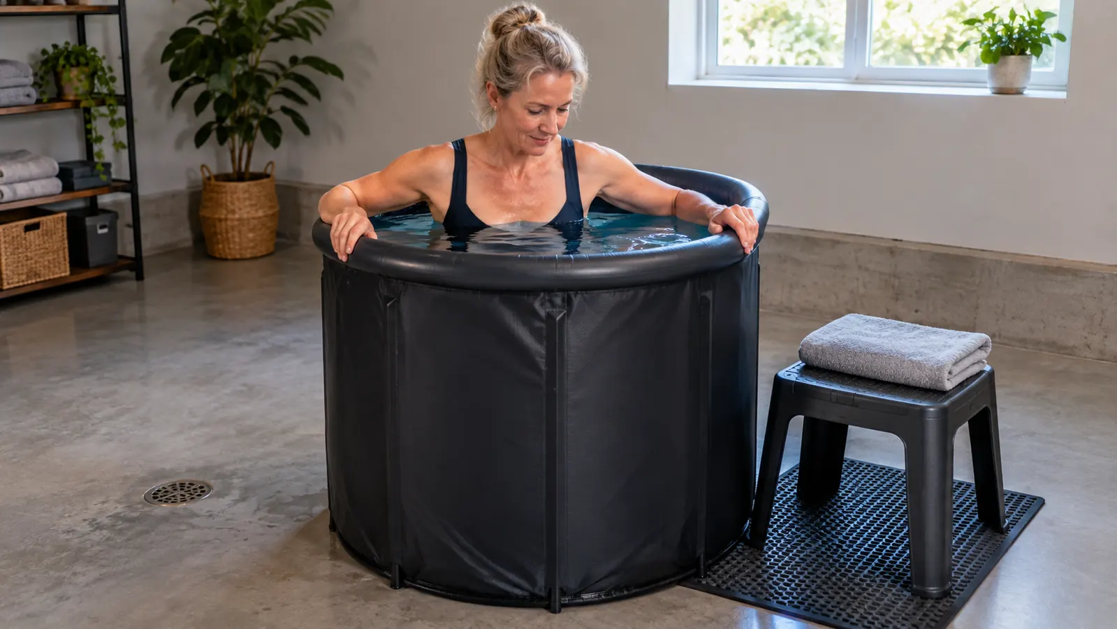 A woman in her fifties lowering herself into the cold plunge tub using the tub edge for support, water at chest level, a sturdy stool and a folded towel on a rubber mat beside the tub