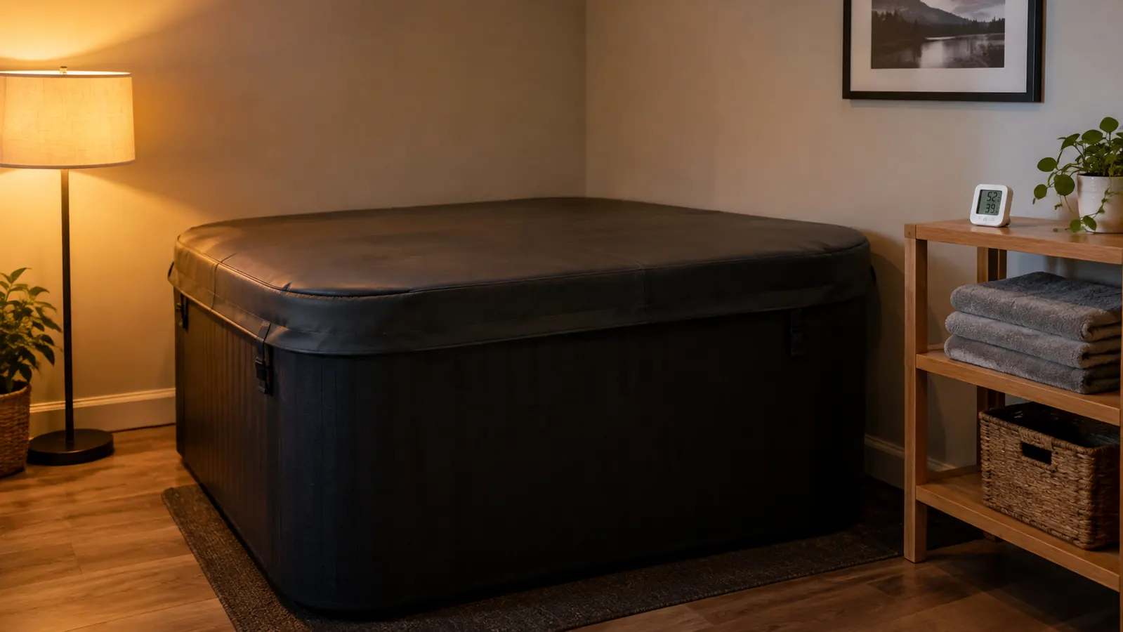 The cold plunge tub covered with its cover in a corner of a finished basement, a small thermometer and a neat stack of towels on a wooden shelf beside it, warm lamp light