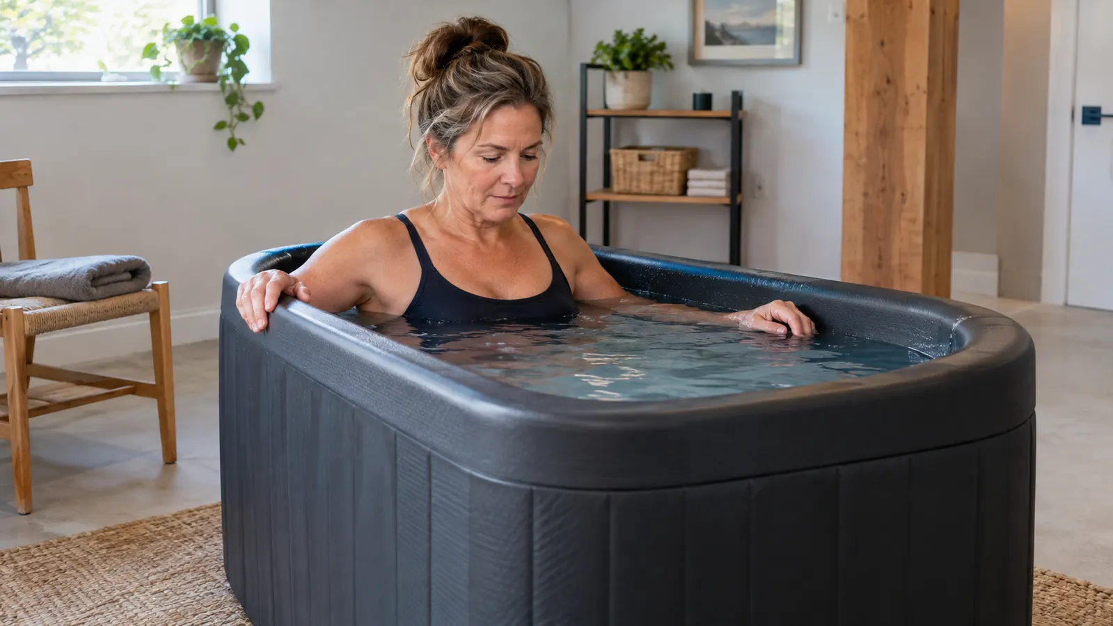 A woman in her fifties lowering herself into a cold plunge tub, water at chest level, one hand on the rim of the tub.