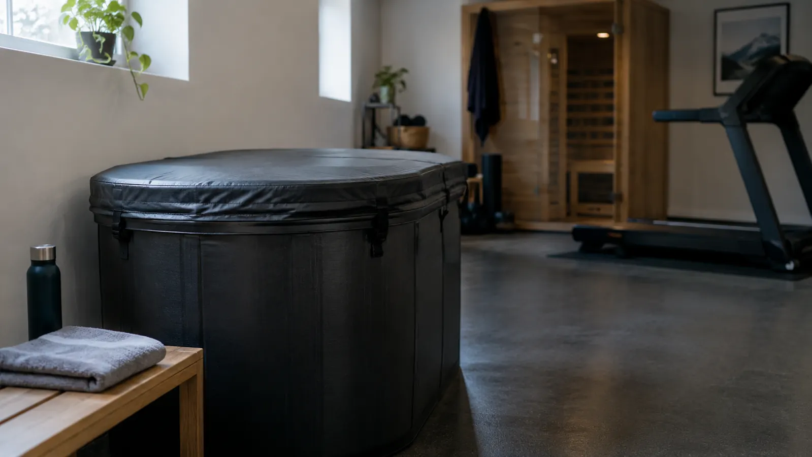 A cold plunge tub with its cover on, sitting in a corner of a finished basement beside a small bench with a towel and a water bottle.