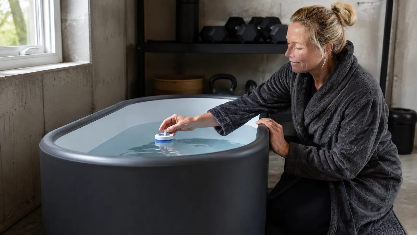 A woman in her fifties checking the water temperature of a cold plunge tub with a floating thermometer
