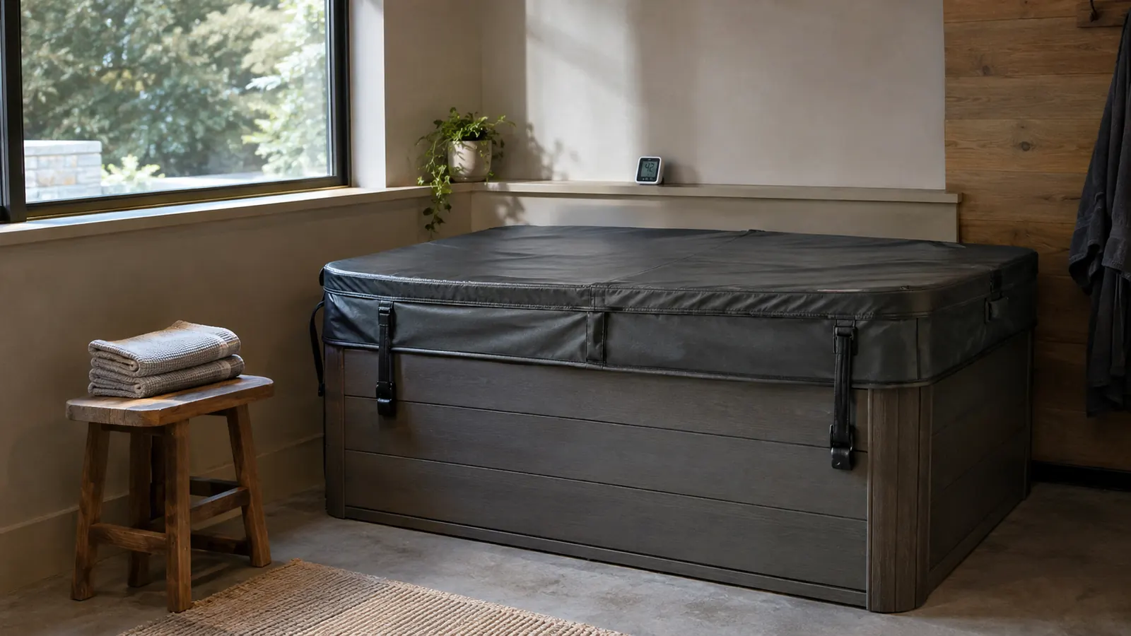 A covered cold plunge tub in a finished basement corner with a folded towel on a wooden stool beside it