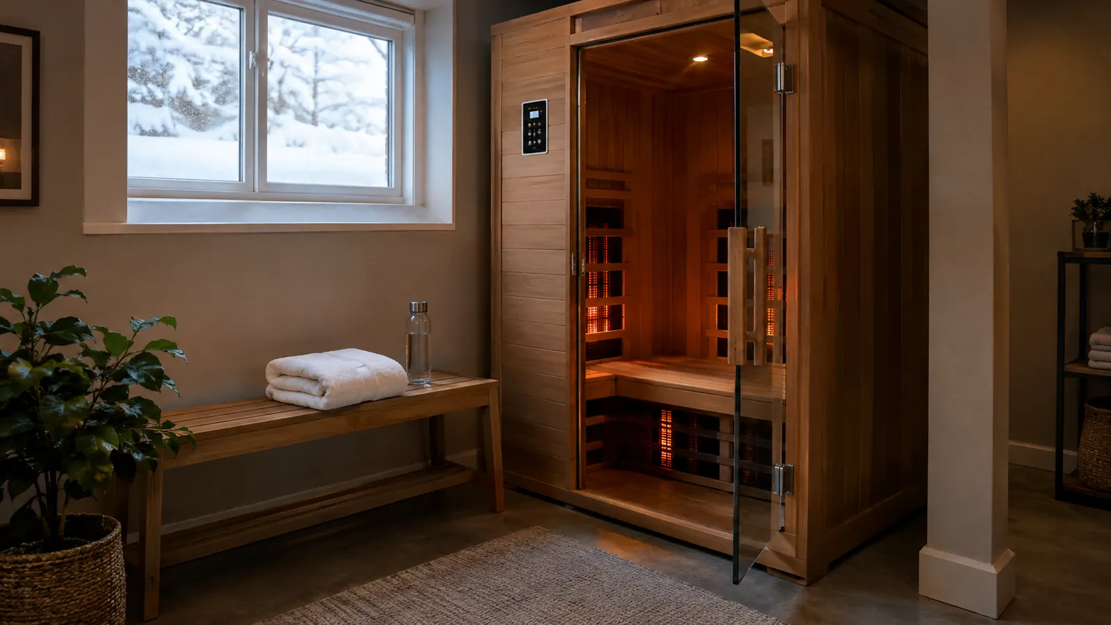 A calm home sauna corner in a finished basement with a wooden infrared sauna cabin, a folded towel and a small water bottle on a bench