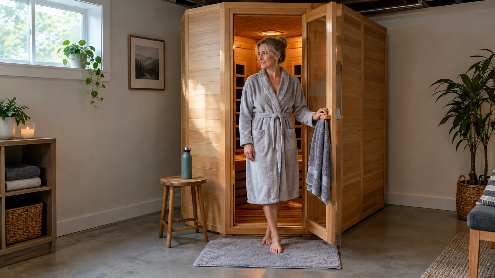 The sauna assembled in a finished basement corner with the door open, a towel draped over the door handle and a bath mat on the floor in front of it.
