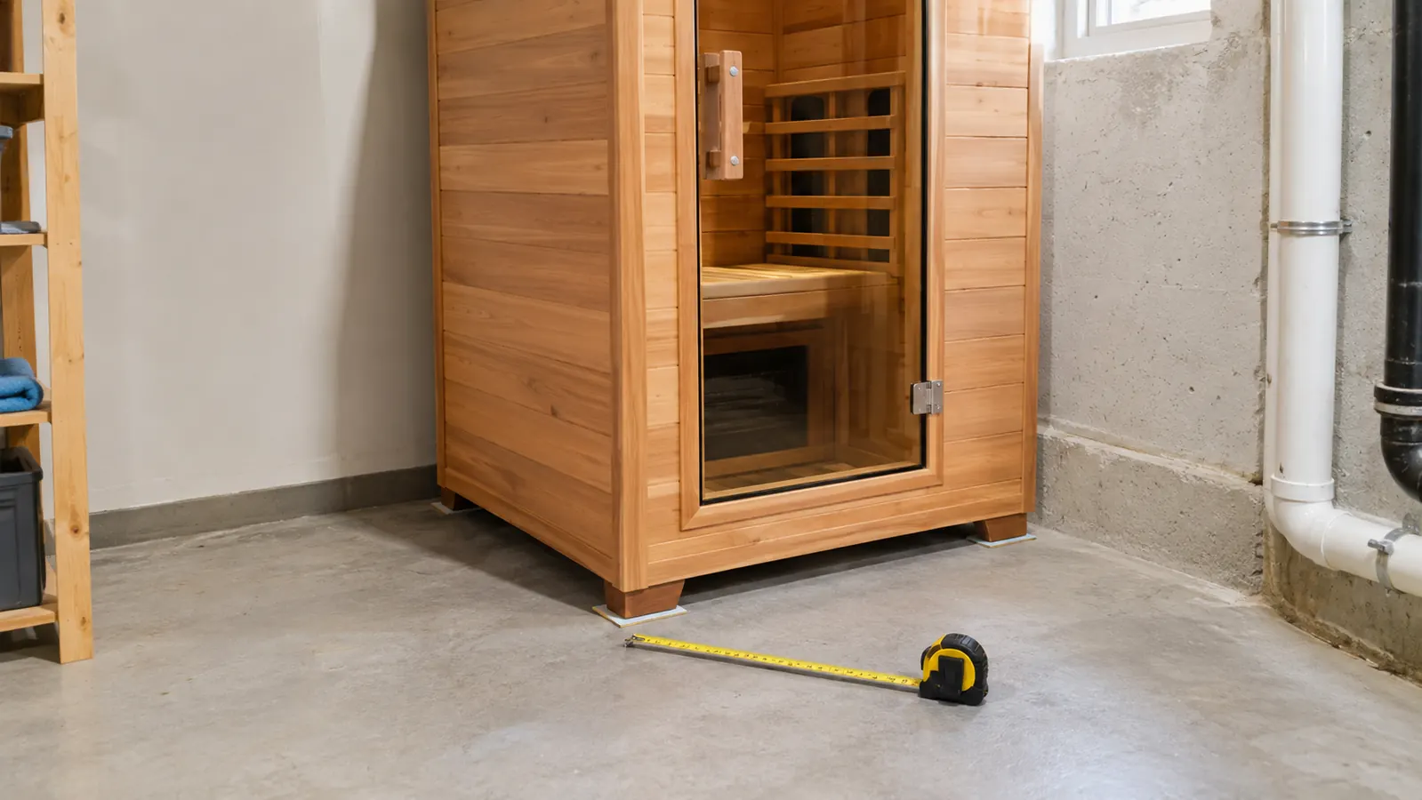 A tape measure laid out on the floor in front of a small wooden sauna, showing the open space around the unit.