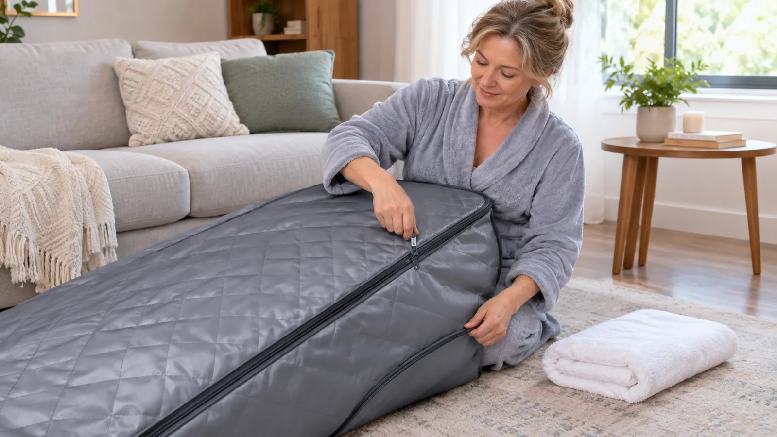 A woman in her fifties zipping the side of an infrared sauna blanket while seated on a padded mat, with a towel draped over the chair back beside her