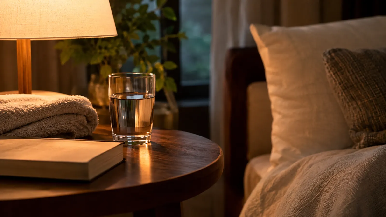 A calm evening scene with a glass of water and a folded towel on a side table next to a chair, soft lamp light