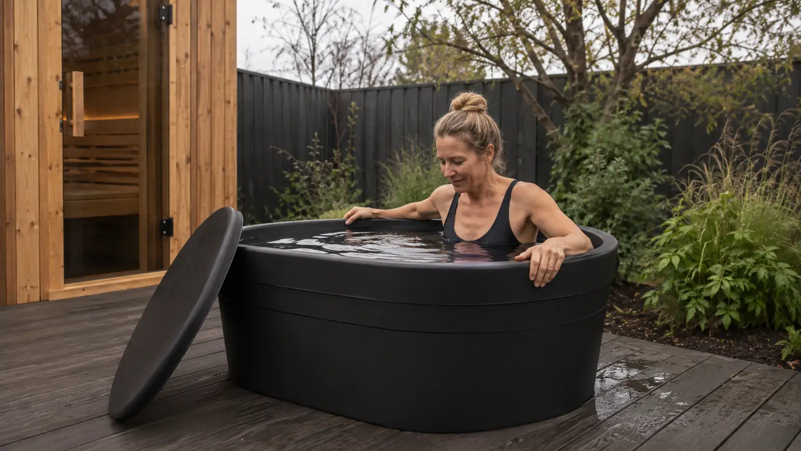 A person lowering into a cold plunge tub beside a backyard sauna, water rippling around them