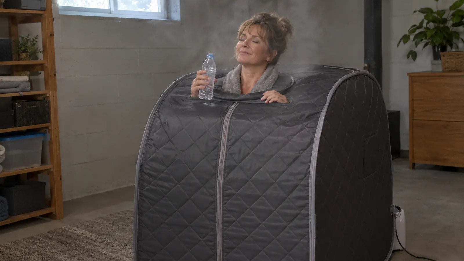 A woman in her fifties sitting inside the steam sauna tent with her head out of the top opening, holding a water bottle