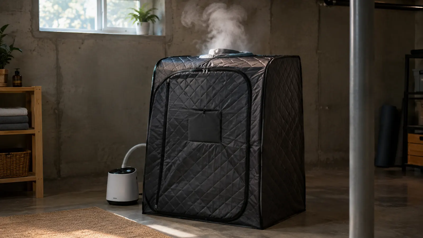 Steam rising gently from the top opening of a steam sauna tent in a quiet basement