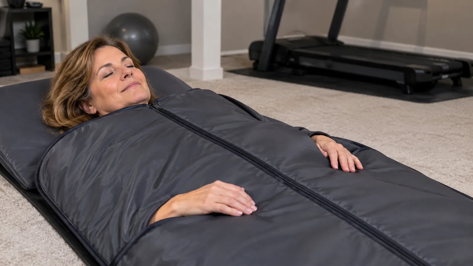 A woman in her fifties lying on a padded mat with the sauna blanket zipped up to her chin, only her head and shoulders visible, eyes closed, relaxed.
