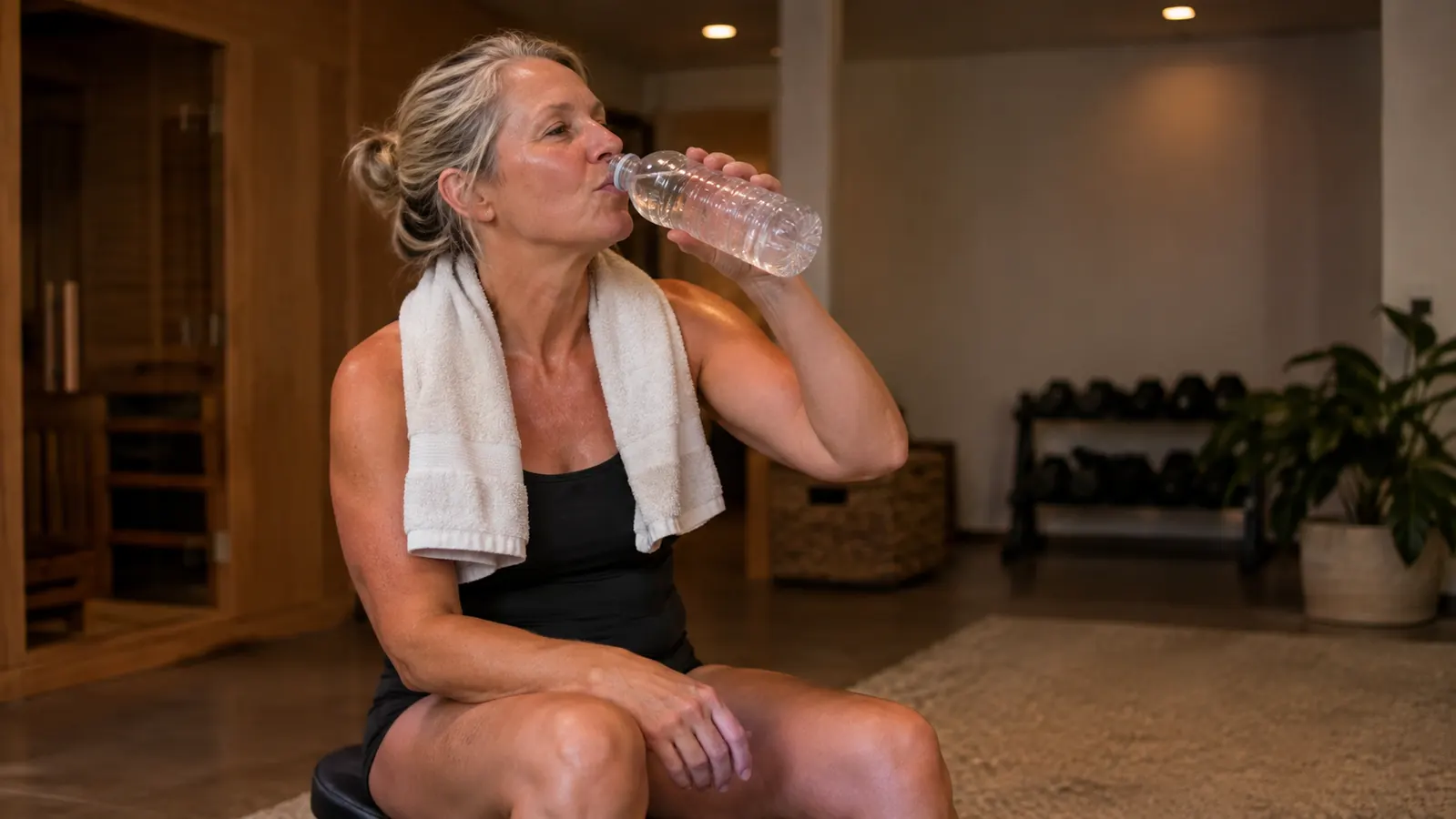 A woman in her fifties sitting on a low stool in a basement, drinking from a water bottle after a sauna blanket session, a towel around her neck.