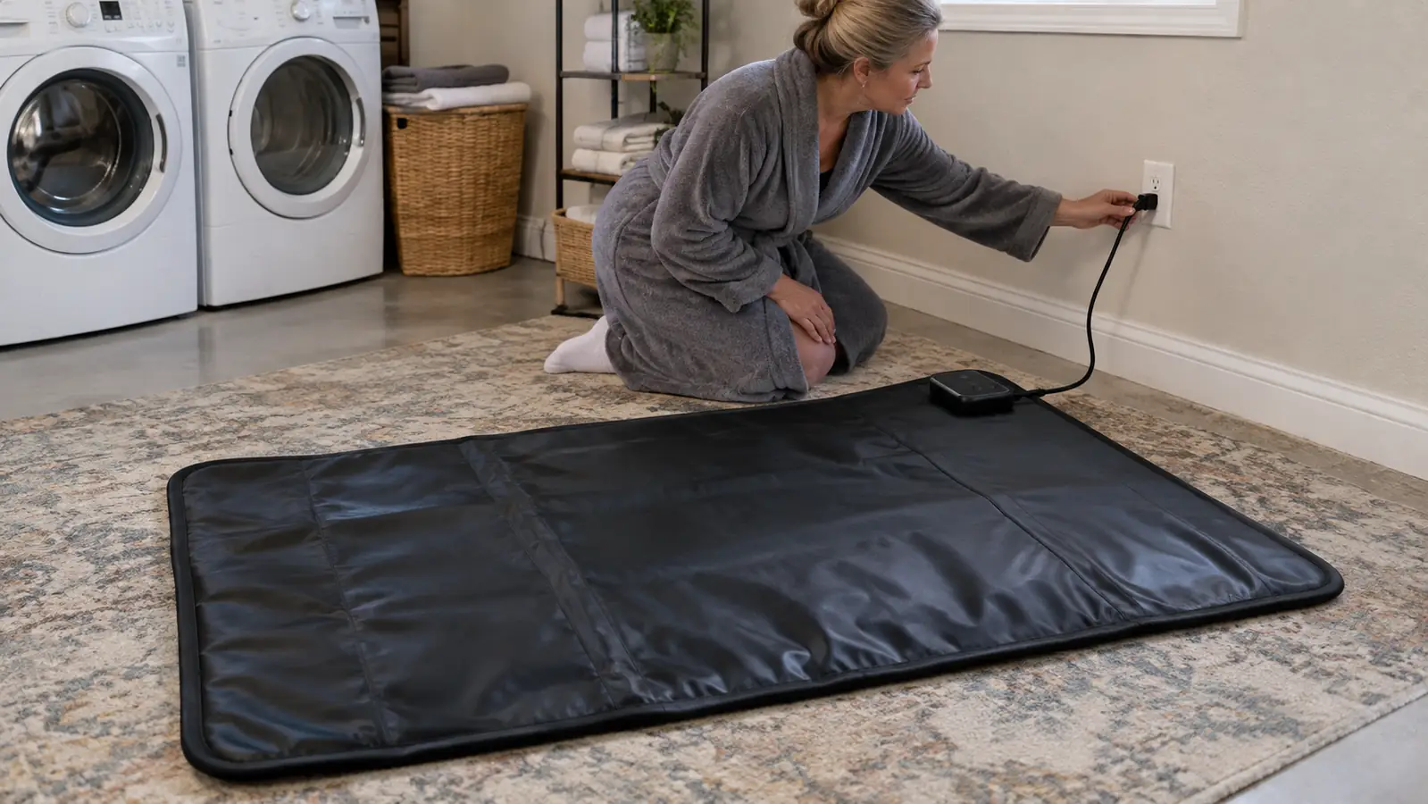 A woman in her fifties spreading an infrared sauna blanket flat on a rug and plugging its controller into a wall outlet