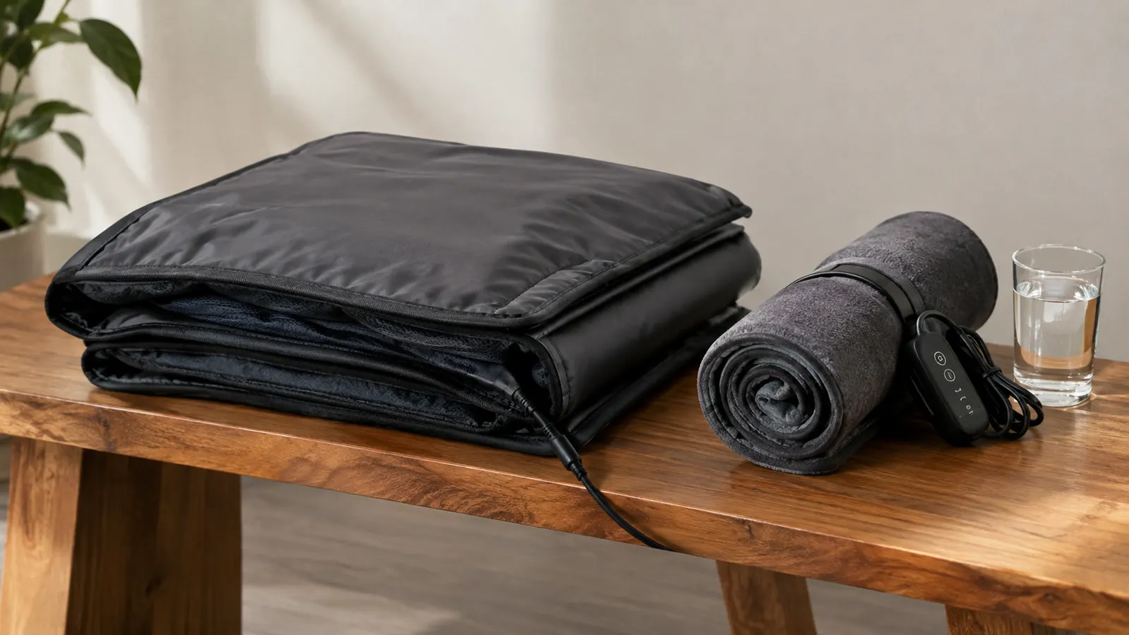 A folded infrared sauna blanket on a wooden bench next to a rolled electric heating pad and a glass of water