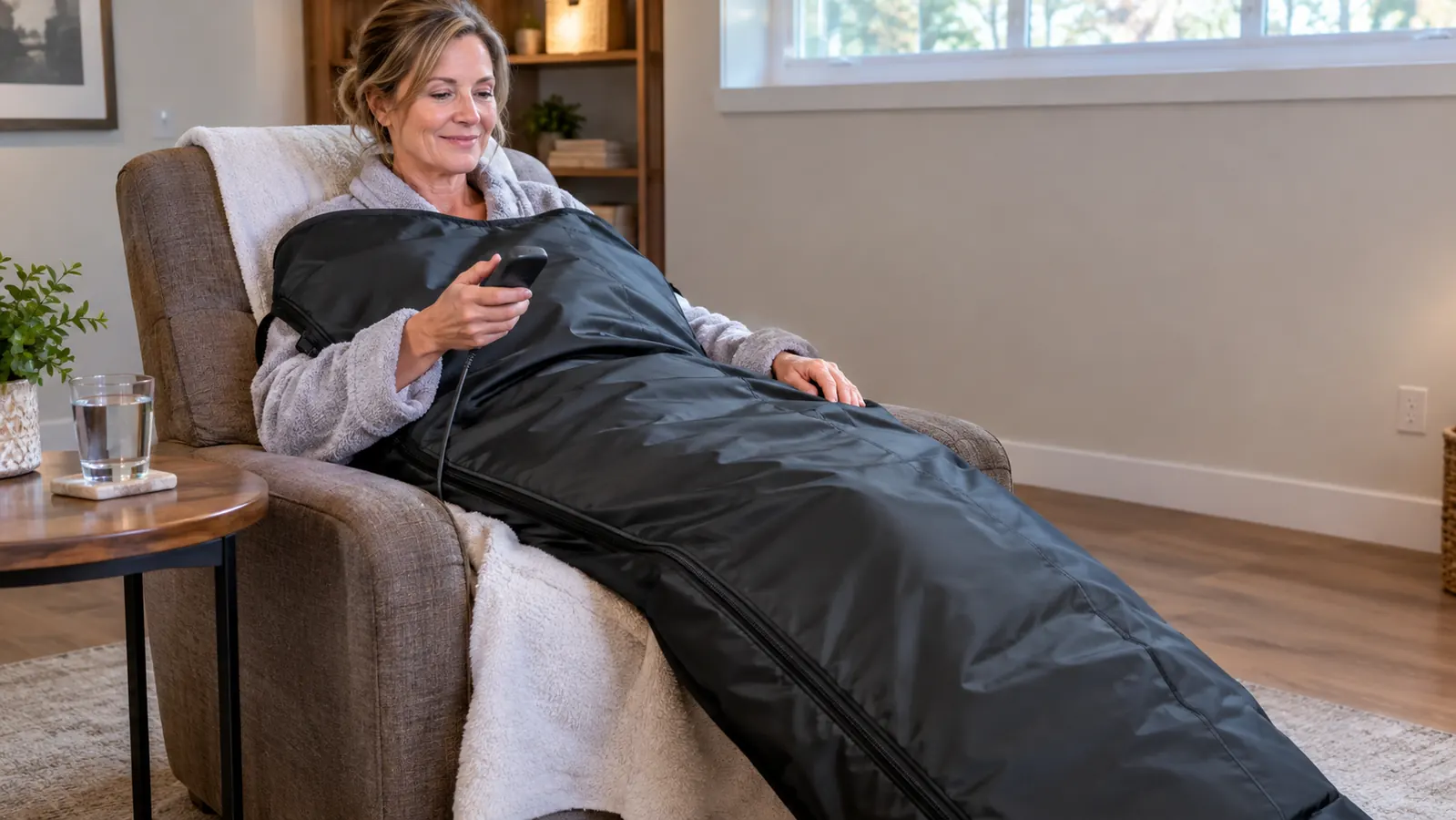 A woman in her fifties seated in a chair with an infrared sauna blanket wrapped around her, a towel underneath and a glass of water nearby.