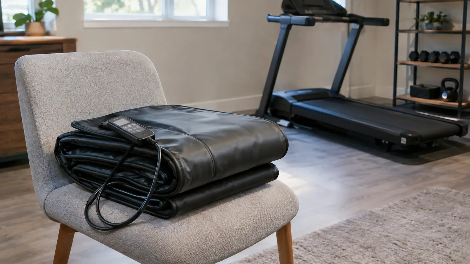An infrared sauna blanket folded on a chair in a finished basement, with a treadmill in the background.
