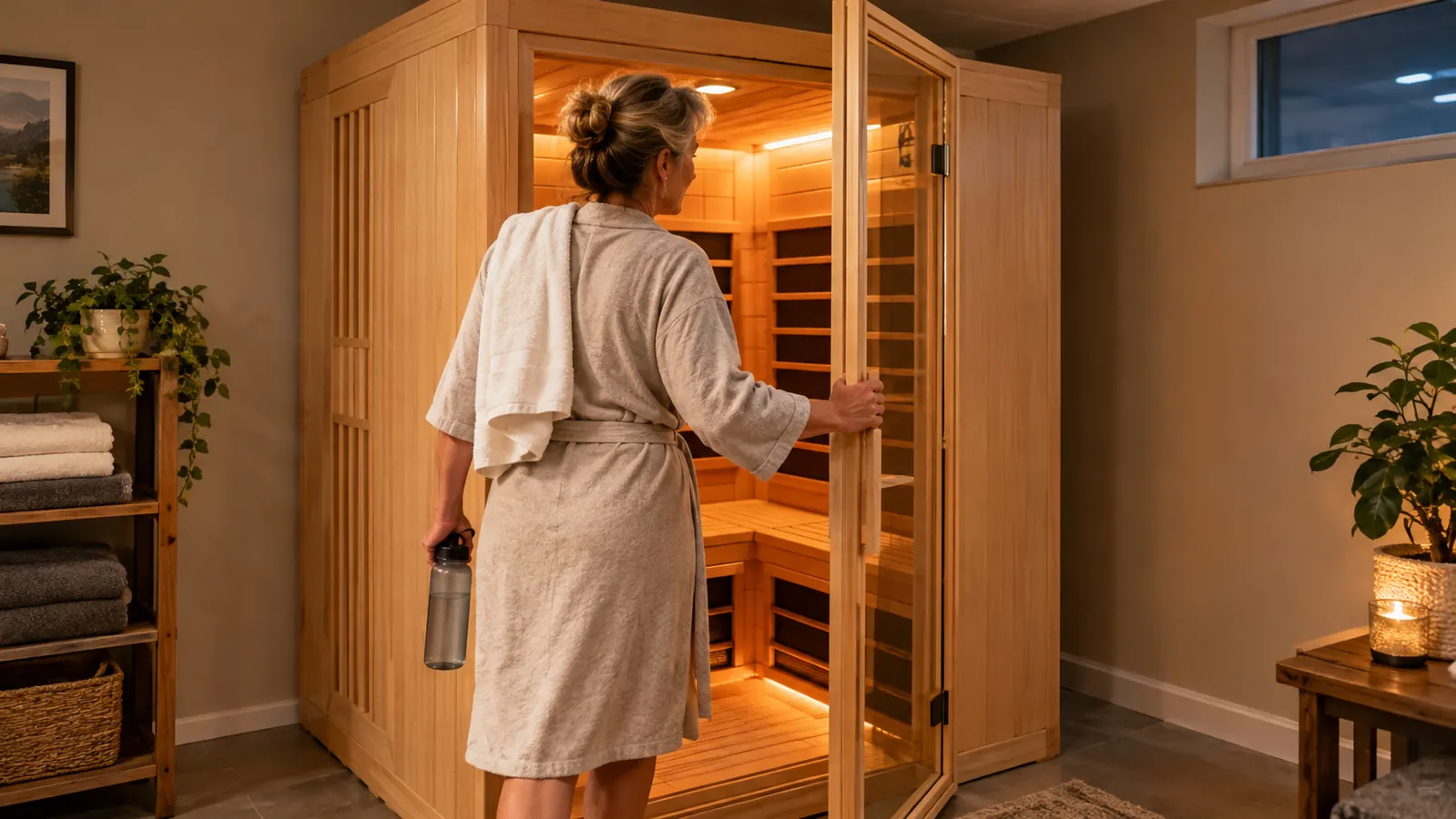 A woman in her fifties opening the door of a small wooden sauna and stepping inside with a towel and a water bottle