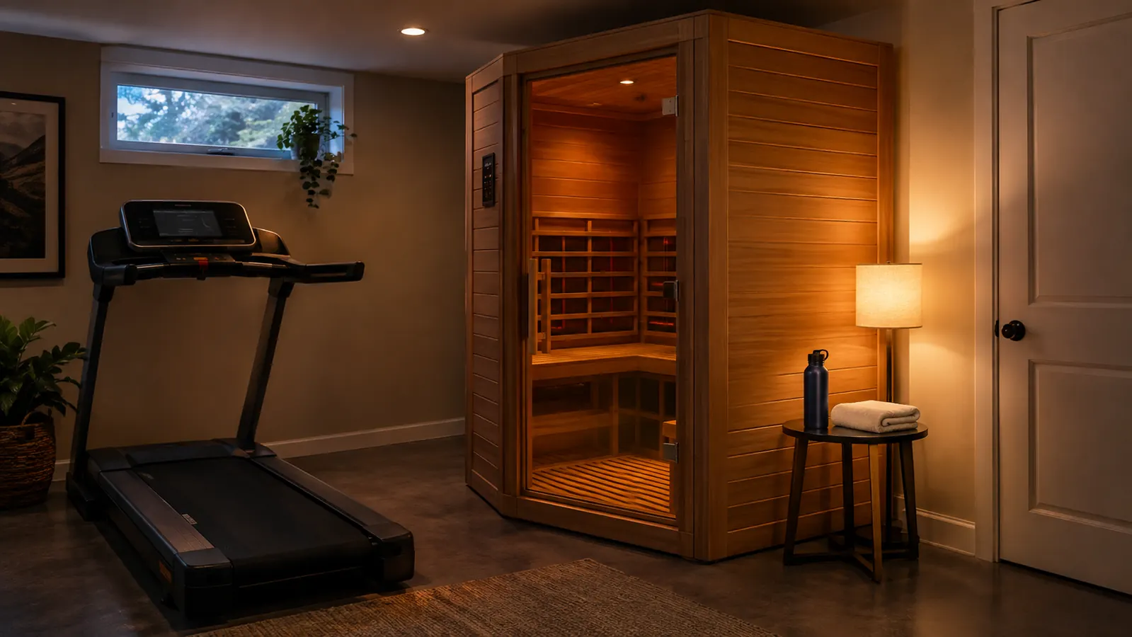The sauna cabin beside a treadmill in a finished basement, with a water bottle and folded towel near the door