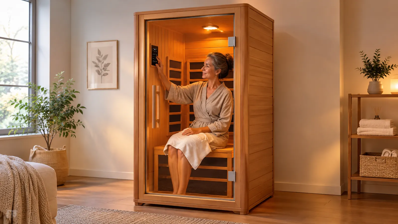 A woman in her fifties seated inside the OUTEXER one person sauna, reaching for the control panel
