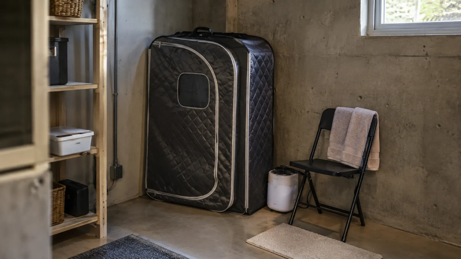 A folded portable steam sauna tent stored in a basement corner next to a small chair and towel