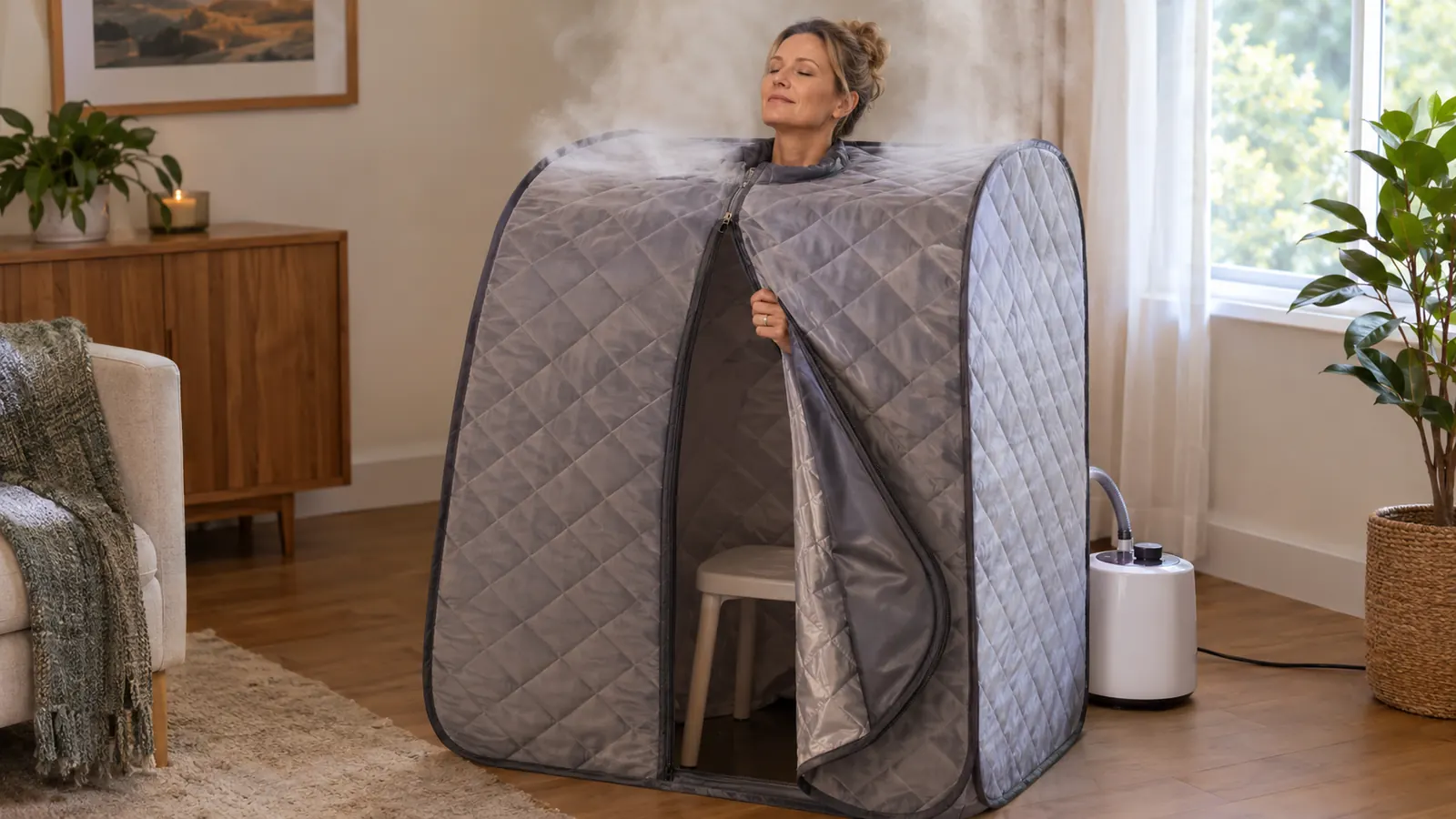 A woman in her fifties sitting inside a portable steam sauna tent with her head above the zippered opening, steam rising around her