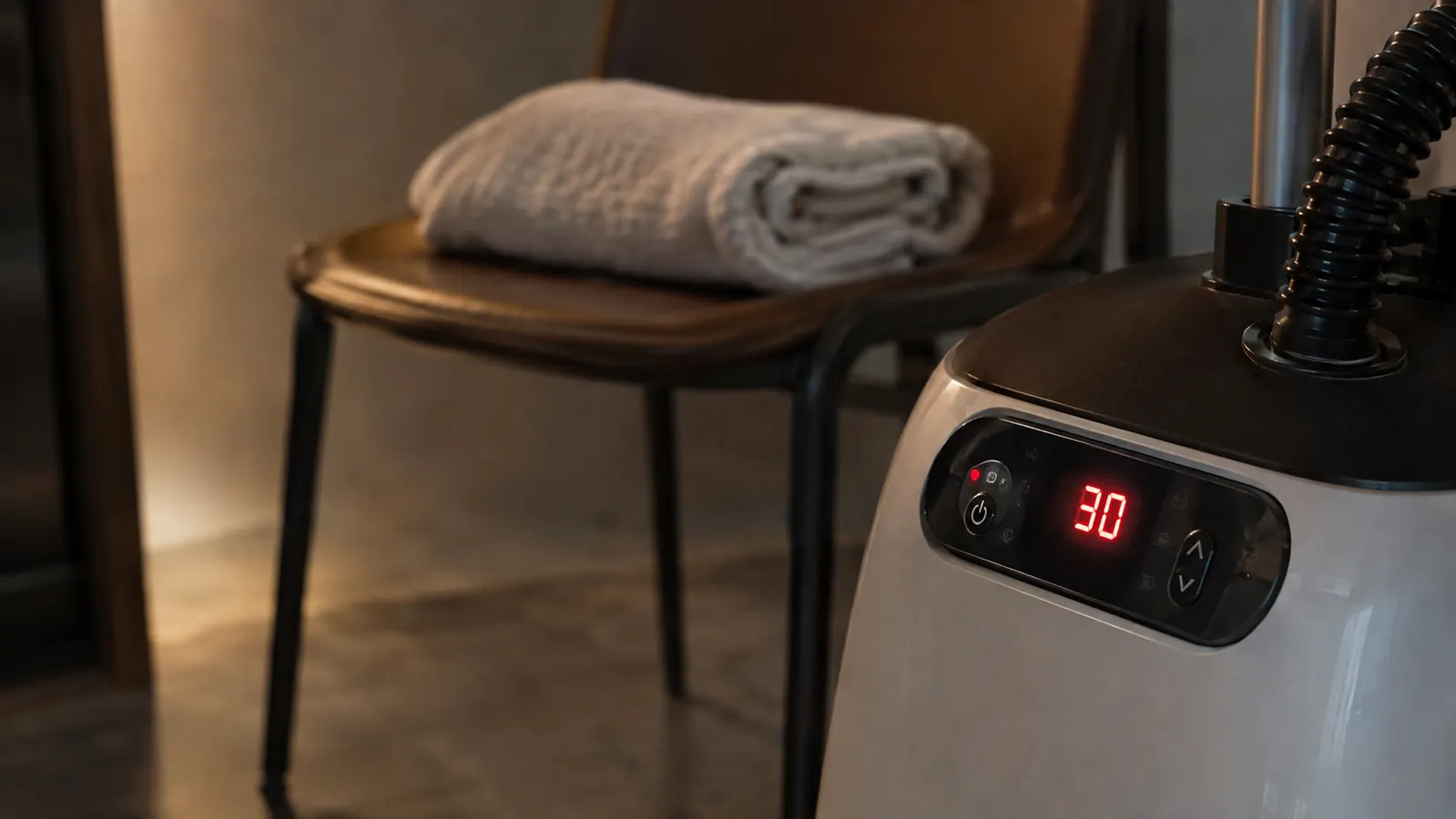 A small digital timer on a steam generator showing 30 minutes, with a folded towel on a chair in the background
