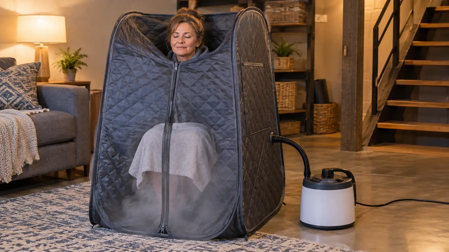A woman in her fifties sitting inside a portable steam sauna tent with the zipper closed to her chin and a towel over her lap