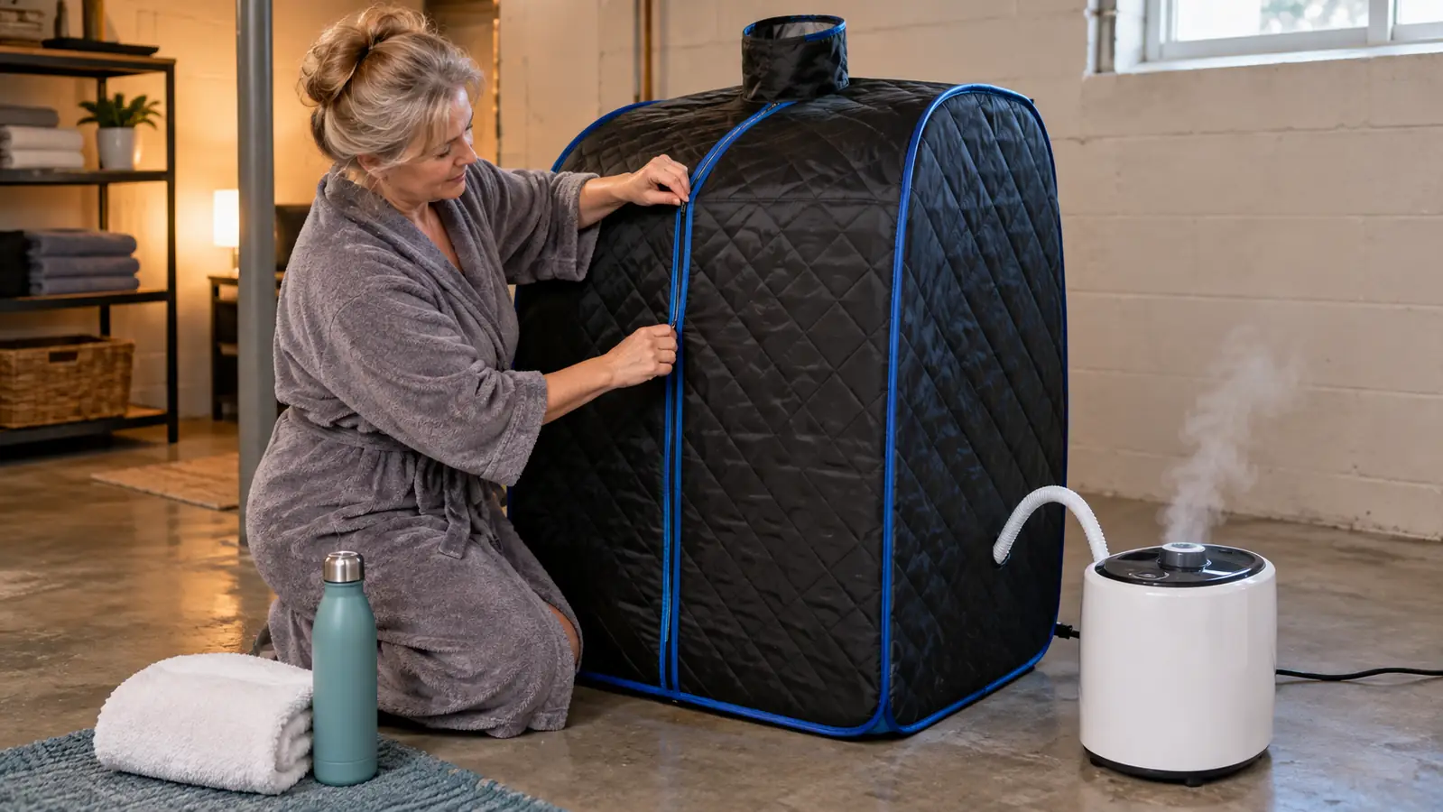 Hands zipping a portable steam sauna tent closed while the steam generator runs beside it on a basement floor