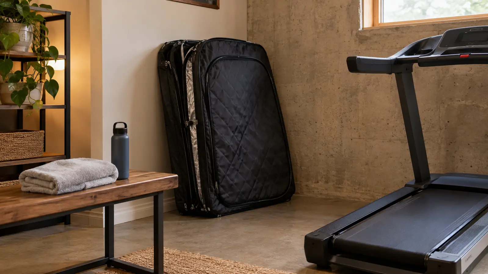 A folded portable steam sauna tent stored in a basement corner next to a treadmill, with a towel and water bottle on a nearby bench