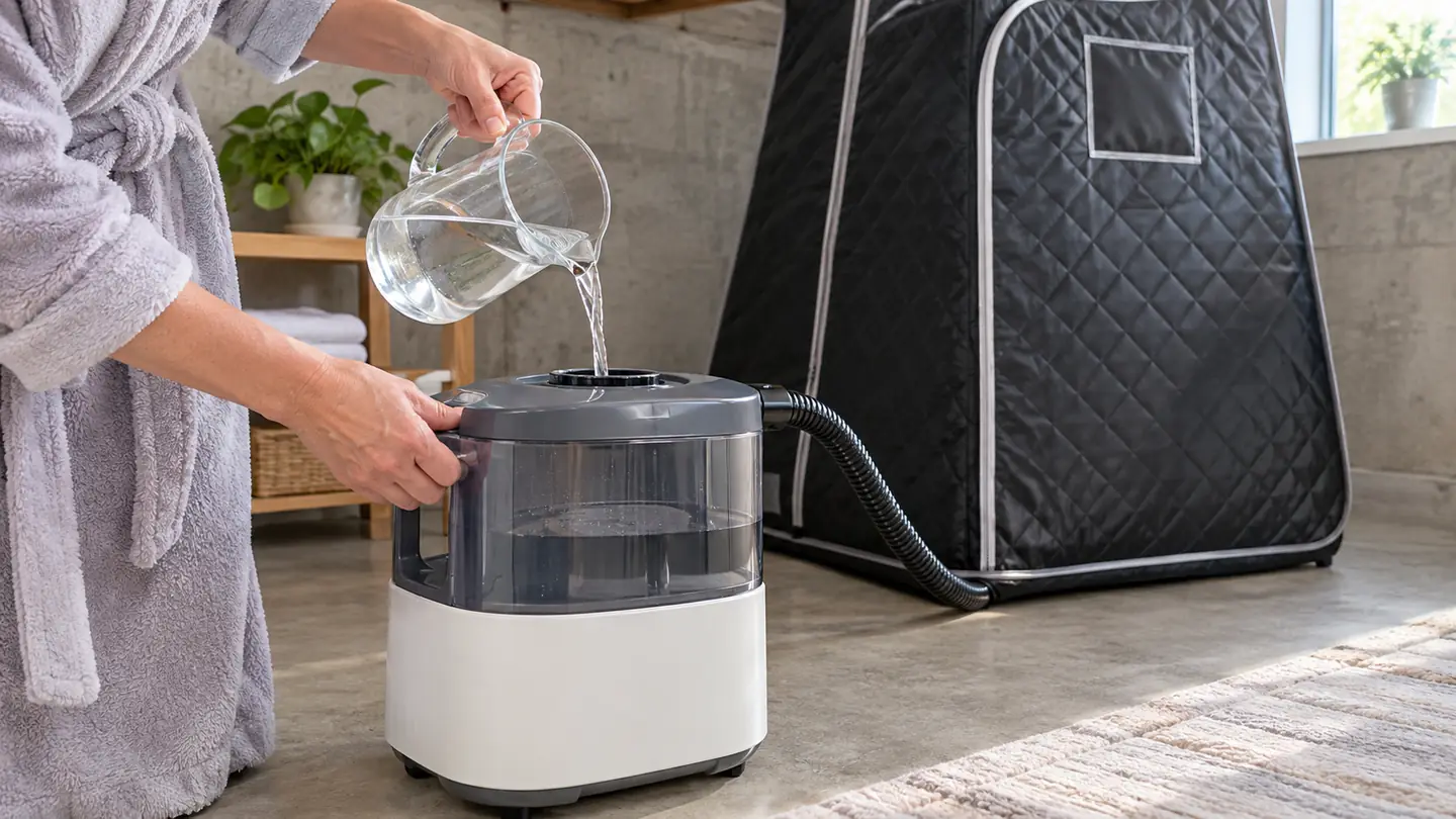 Hands pouring water from a small pitcher into the steam generator water tank beside a portable steam sauna tent