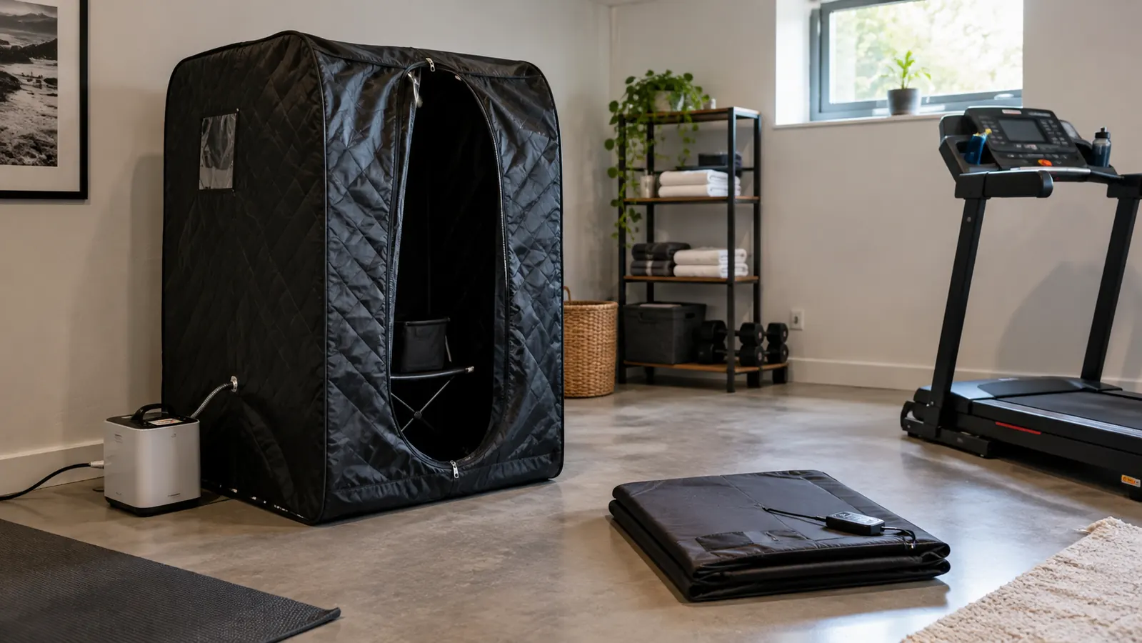 A portable steam sauna tent set up in a basement corner with a folded infrared sauna blanket lying on the floor nearby