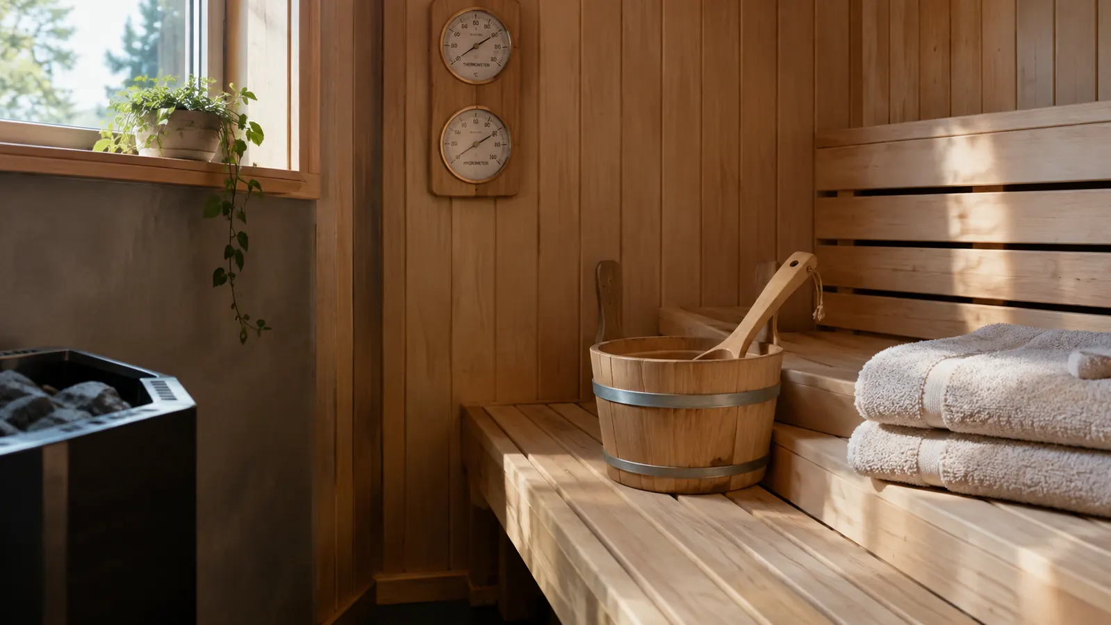 A sauna corner with a wooden bucket and ladle, folded towels on a bench, and a thermometer on the wall