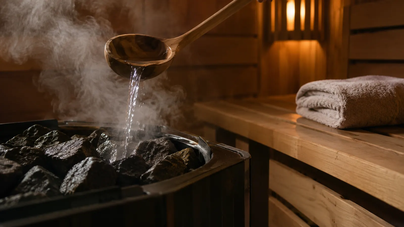 Steam rising from a wooden ladle over hot sauna stones, a folded towel resting on the bench, warm low light