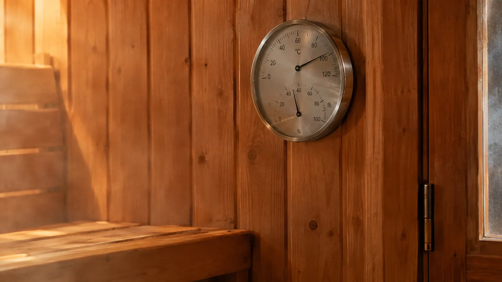 A round stainless steel sauna thermometer and hygrometer mounted at head height on a warm cedar sauna wall beside the door