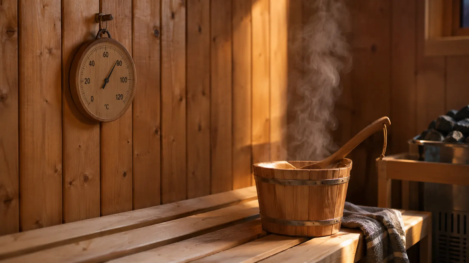A wooden sauna thermometer hanging on a hook beside a wooden bench, steam rising from a ladle and water bucket